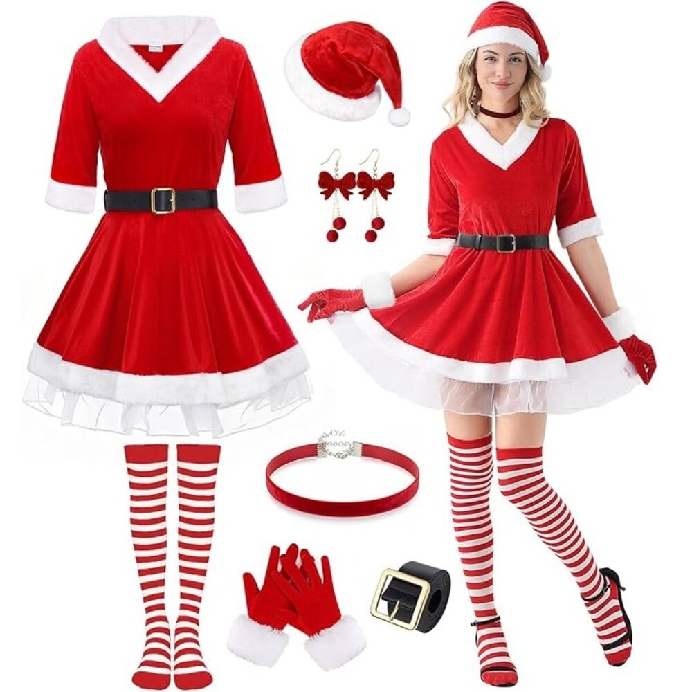 Mrs Santa Claus Red Velvet Costume Mini Dress w/Hat Belt Socks Jewelry NEW Large
